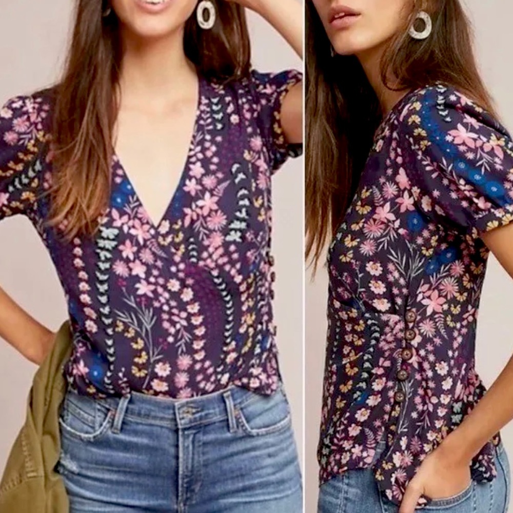 Anthropologie Floral V-Neck Blouse - Navy and Pink